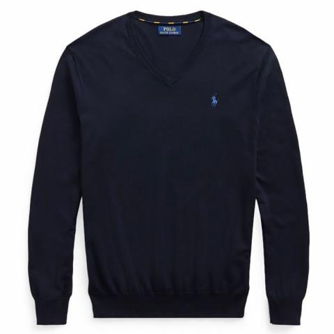 Ralph Lauren Slim Fit Cotton V Neck Sweater in Hunter Navy