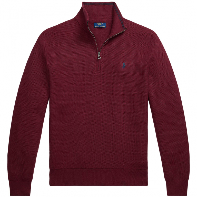 Ralph Lauren Mesh Knit Cotton Half Zip Sweater in Damson Red